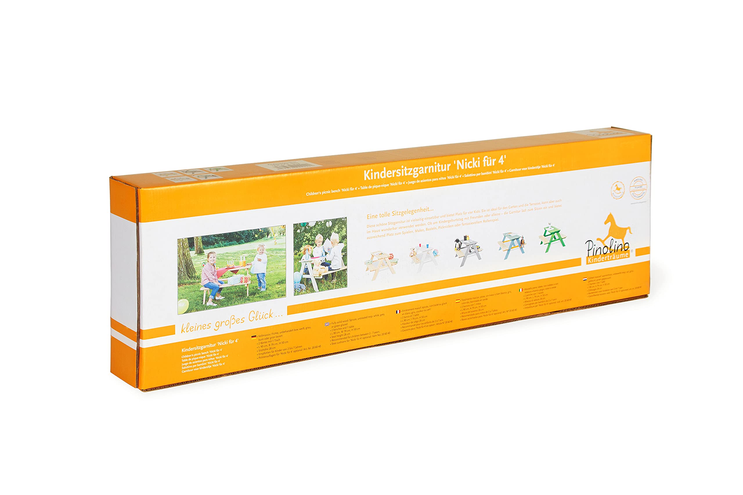 PINOLINO Nicki 4er Kindersitzgruppe - Kindertisch - Picknicktisch aus Massivholz, Kinder Spielbar - Langlebige Sitzbank für draußen, Kindergartenmöbel ab 2 Jahren, Outdoor-Tisch 90 x 79 x 50 cm