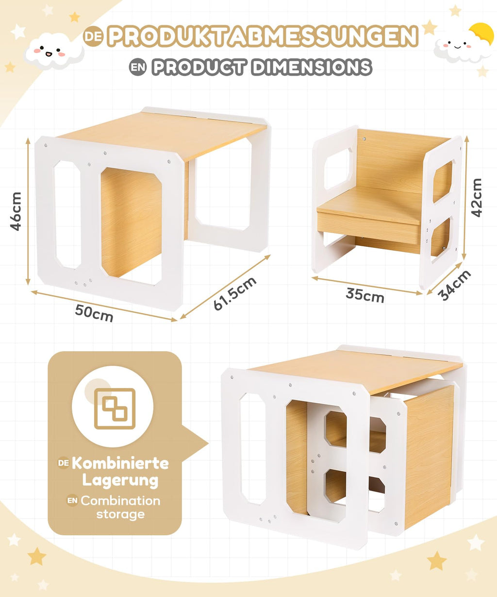 Yorbay Tisch und Stuhl Set für Kinder Kinderschreibtisch mit 1 Hockern, Kindersitzgruppe 3 in 1-Wendehocker & zum Kinderarbeitsplatz umwandelbarer Kinderbank, Kindermöbel 61,5 x 50 x 46 (Natur, L)