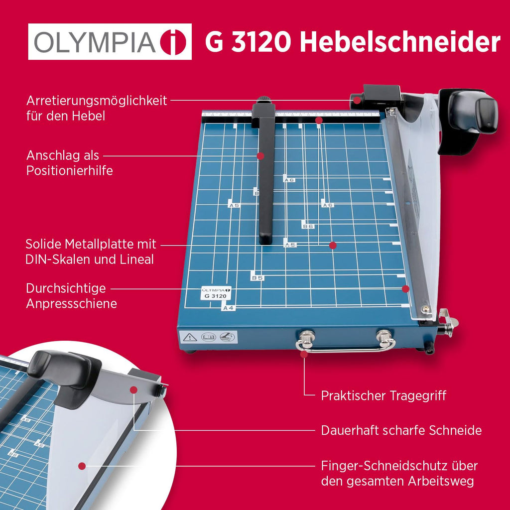 Olympia G 3120 Profi Hebelschneider | Papierschneidemaschine bis zu 20 Blatt | Papierschneider DIN A4 | 310 mm Arbeitsbreite | Schneid-Schutz & Arretierungsmöglichkeit | Papier Schneidegerät | blau