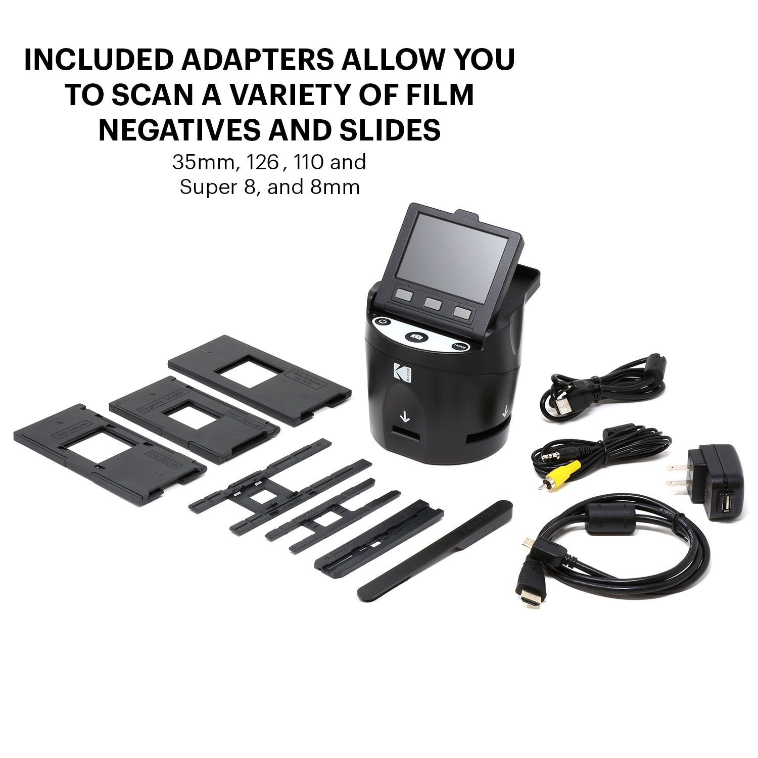 KODAK Digital Film Scanner, Konvertiert Negative und Filmdias 35mm, 126, 110, Super 8 und 8mm in JPEG inkl. großem neigbarem 3,5-Zoll-LC-Display und EasyLoad-Filme RODFS35 Schwarz