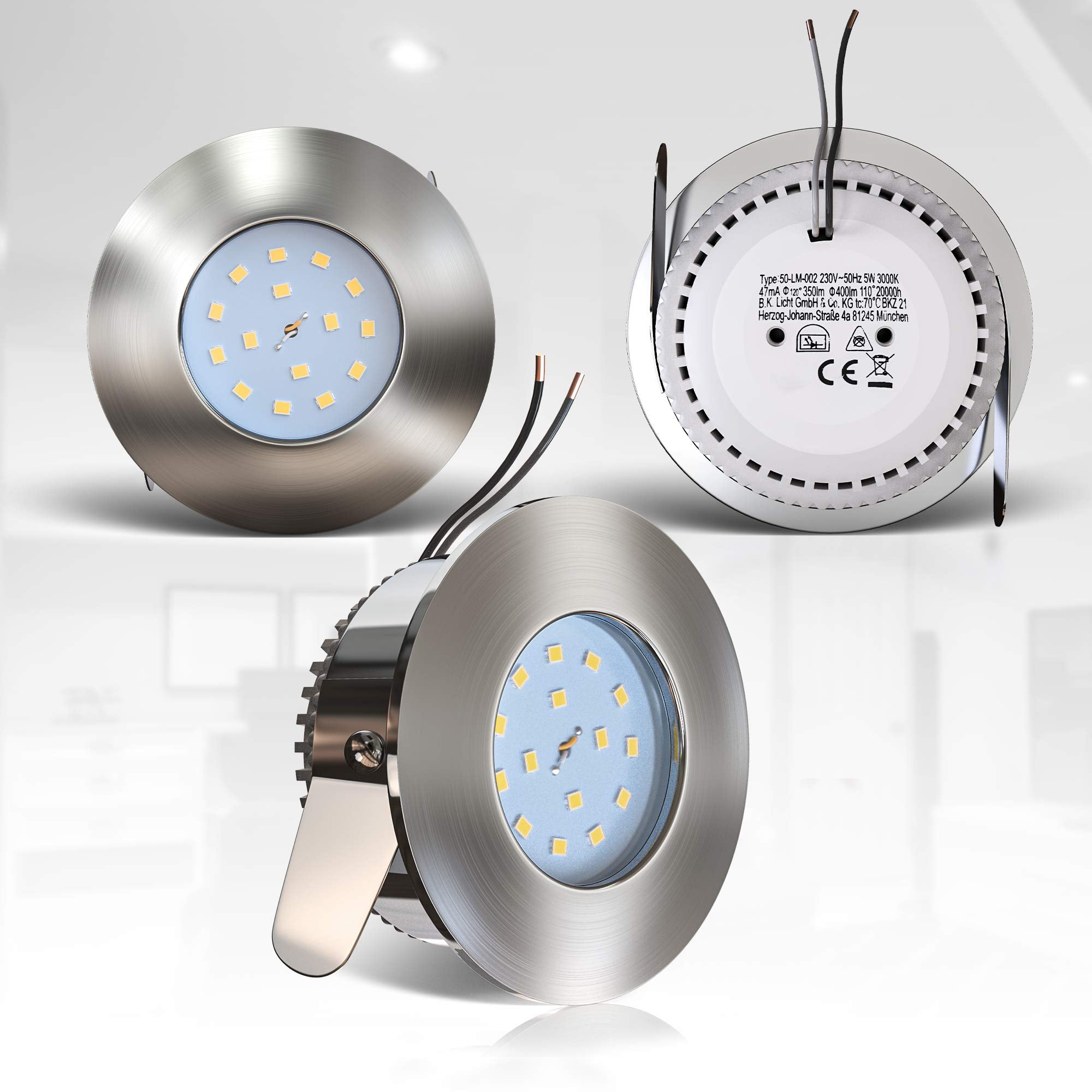 B.K.Licht - 6er Set LED Bad Einbaustrahler 230V 4,8W ultraflach IP44, 60mm Lochmass, warmweiße Lichtfarbe, Deckenspots, Spots, Einbauleuchten, Einbauspots, Badezimmer, 75x30 mm, Matt-Nickel