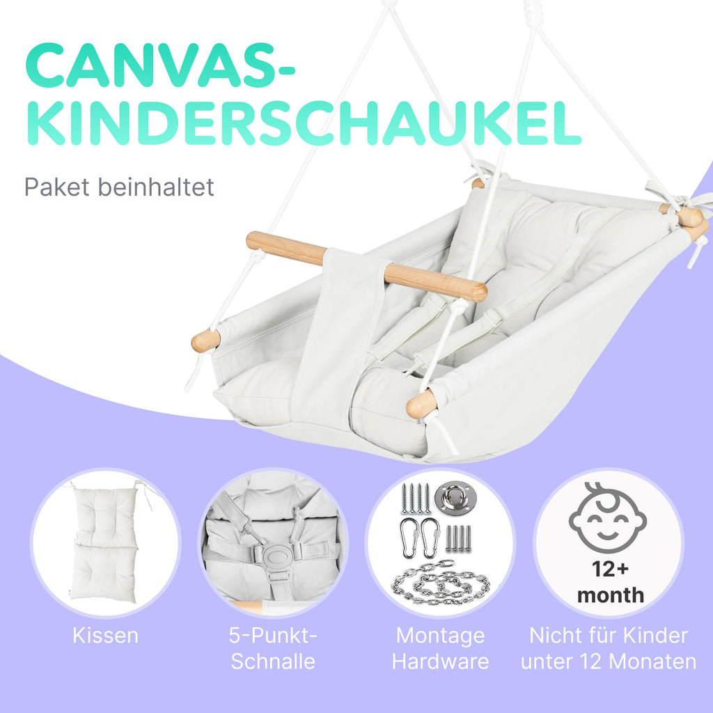 Leinwand Baby Hängematte Schaukel von Cateam - Hängende Schaukel aus Holz für Baby mit Sicherheitsgurt und Montageteilen. Baby Hängemattenstuhl Geburtstagsgeschenk. (Elfenbein)