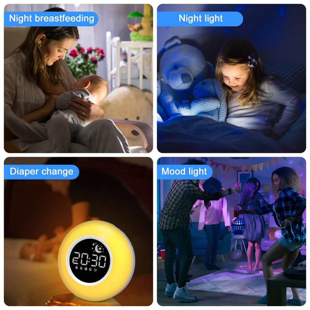 Kinder Wecker Digital, Schlaftrainer mit Nachtlicht, Lichtwecker mit 10 White Noise, Snooze und Timer 15/30/60/90 mins, LED mit Licht Tischuhr ohne Tick, Geschenke für Mädchen Jungen