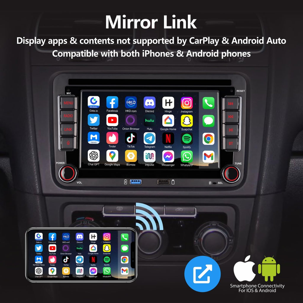 High Power Autoradio mit Wireless Carplay Android Car für VW Golf 5 6 Polo T5 Skoda Passat Jetta Caddy, 7 Zoll IPS VW Radio mit Bluetooth/FM/AM/USB/DSP/EQ Lenkradsteuerung