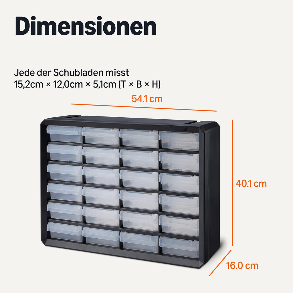 Amazon Basics Schubladenbox, 24-Fächer Kleinteilemagazin aus Kunststoff mit Trennwänden für Büro/Werkzeug/Basteln, Wandmontage, 16 x 54,1 x 40,1 cm, Schwarz