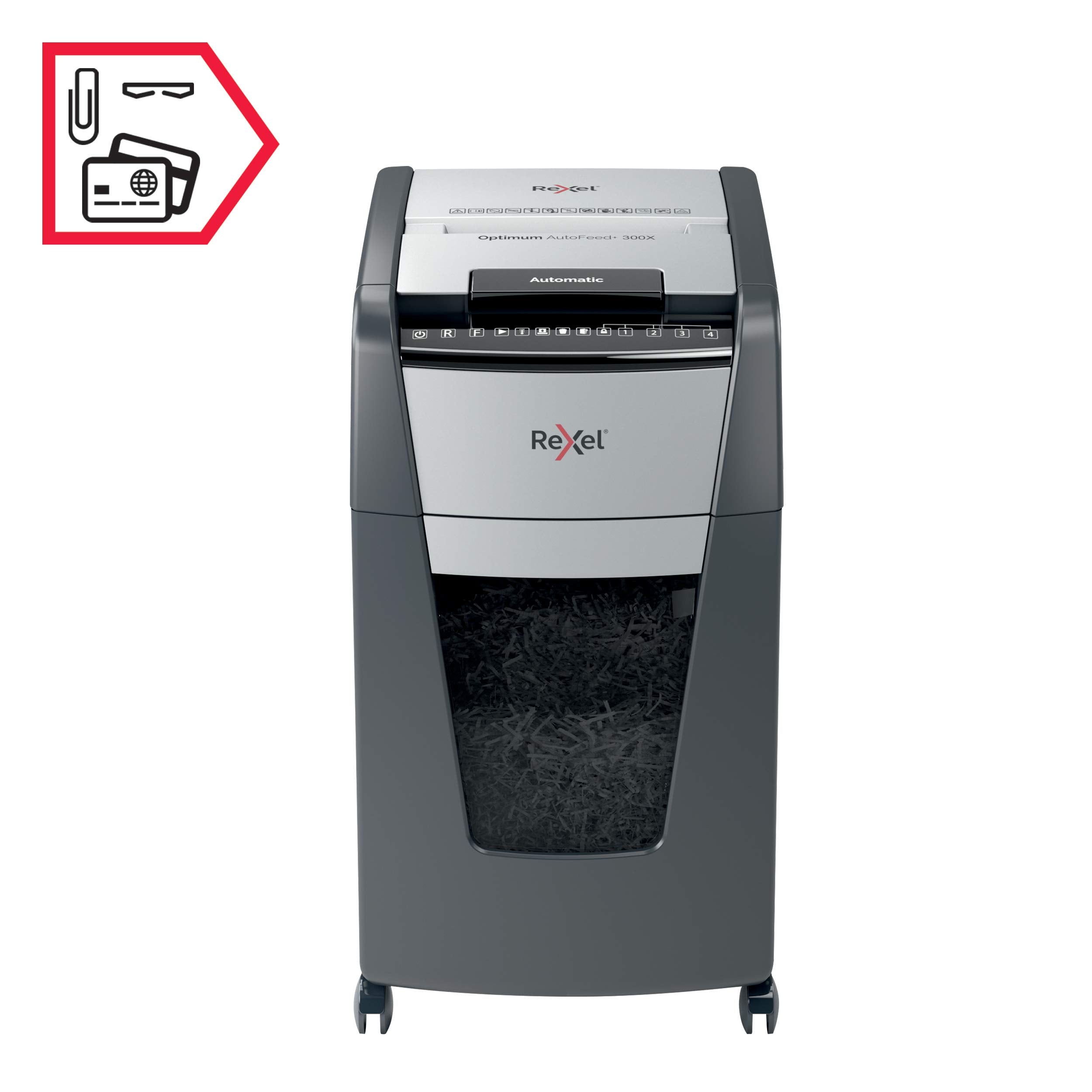 Rexel Optimum AutoFeed+ 300X Automatischer Aktenvernichter, 300 Blatt automatisch, Sicherheitsstufe P4, Partikelschnitt, für Büros und Abteilungen, 60 Liter Abfallbehälter, mit Lenkrollen, 2020300XEU