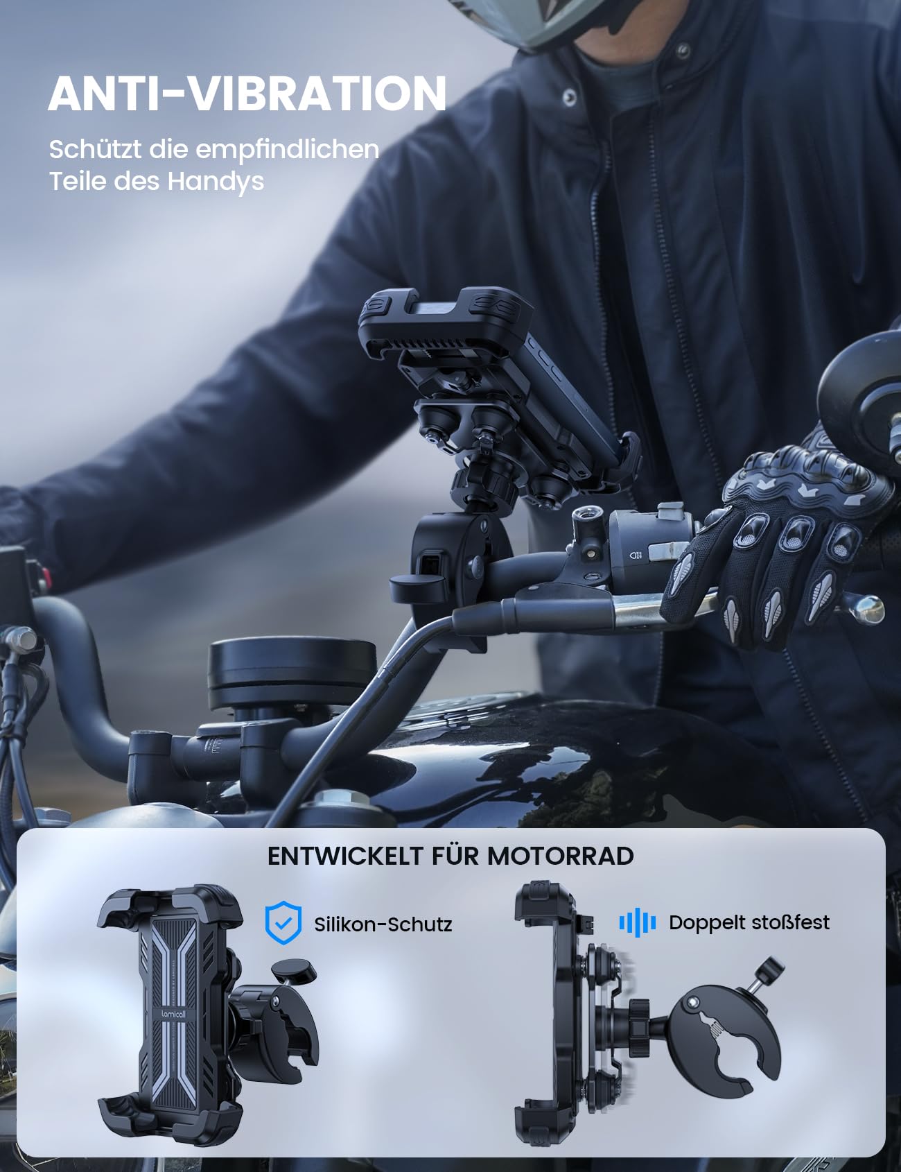 Lamicall Motorrad Handyhalterung, Handyhalter Fahrrad - [2025 Doppelt Vibrationsgedämpft] Handy Motorradhalterung, 360° Drehbar Lenker Halterung für iPhone 17 16 15 Pro Max Samsung 4,7-6,8" Smartphone