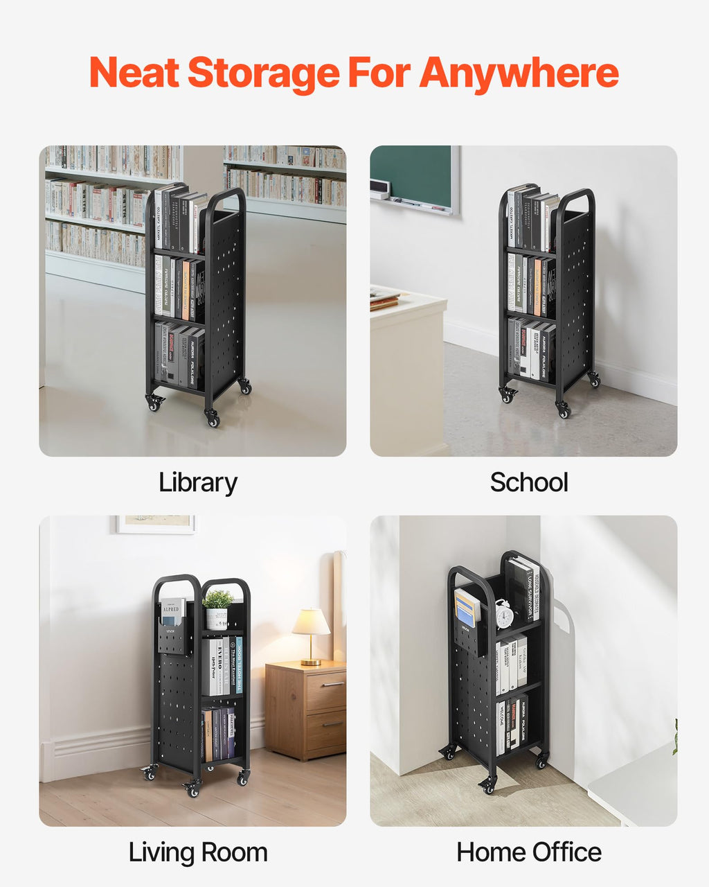 VEVOR Bücherwagen, 100 kg Tragkraft, Bibliothekswagen, 32 x 35 x 93,5 cm, einseitiges L-förmiges Bücherregal mit Doppelbremsrollen, Bücherregalwagen für Wohnzimmer, Büro, Schule, Schwarz