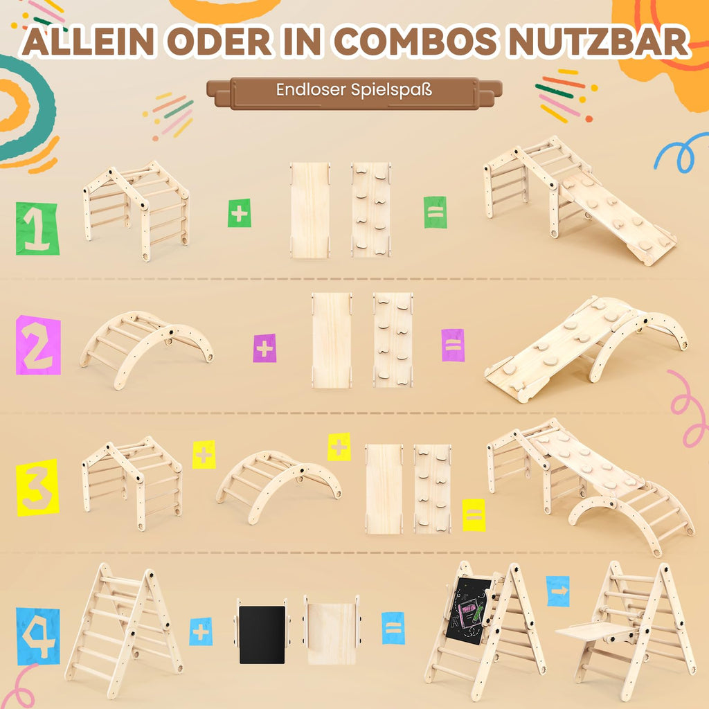 7-in-1 Montessori Klettergerüst Indoor Set: Verformbares Kletterdreieck mit Rutsche, Kletterbogen und Kreidetafel, Ideal für Baby- und Kleinkinder 1-6 Jahre, Fördert Spiel, Bewegung und Kreativität
