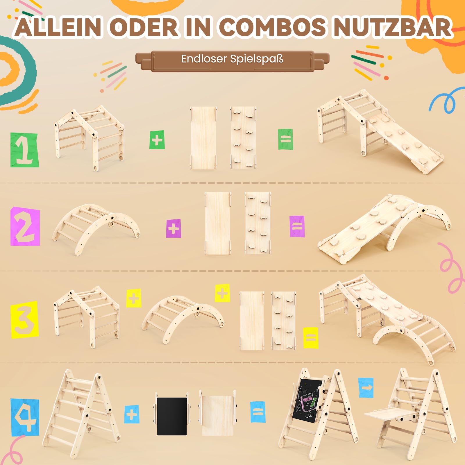 7-in-1 Montessori Klettergerüst Indoor Set: Verformbares Kletterdreieck mit Rutsche, Kletterbogen und Kreidetafel, Ideal für Baby- und Kleinkinder 1-6 Jahre, Fördert Spiel, Bewegung und Kreativität