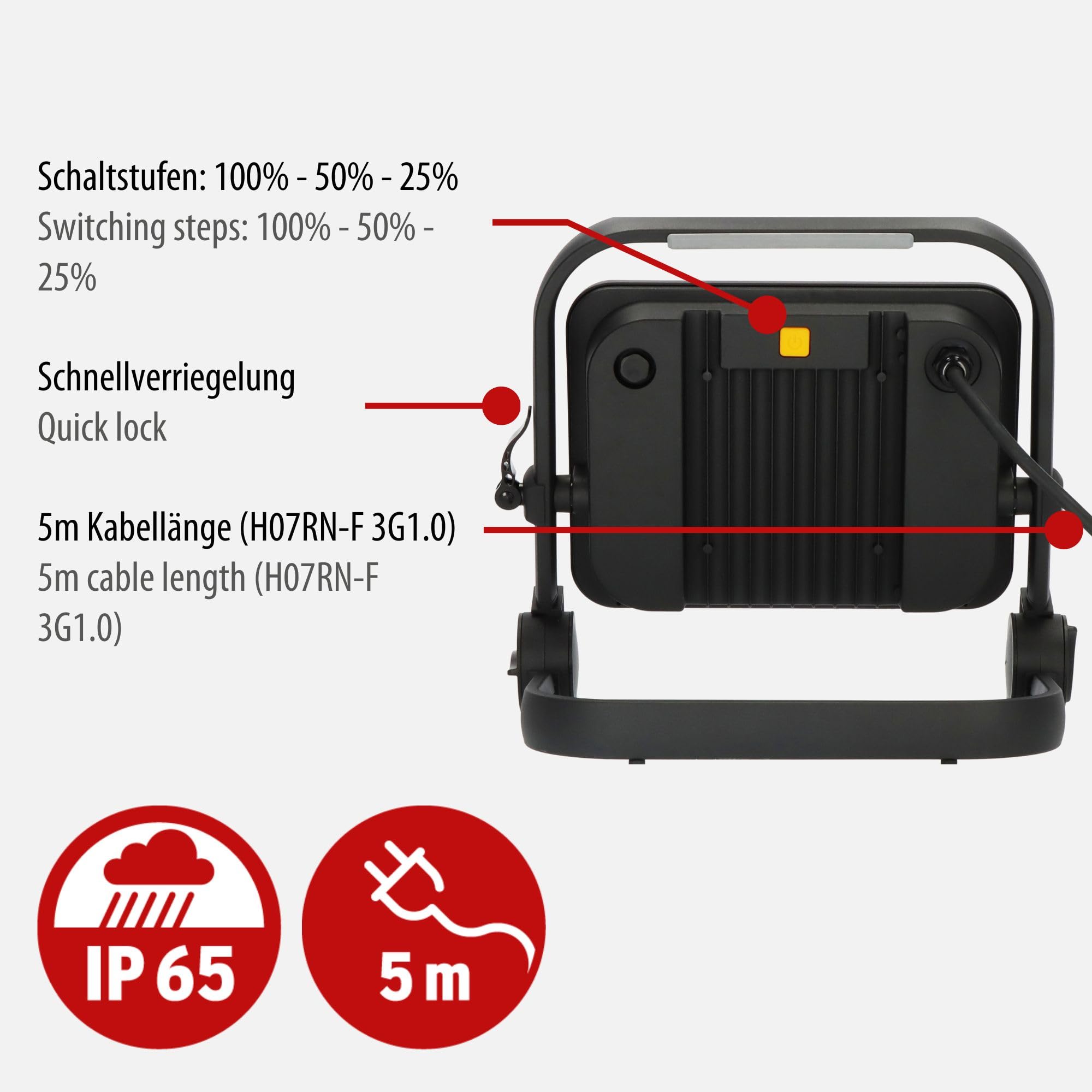 Brennenstuhl LED Baustrahler JARO 14060 M (100W, 11500lm, 6500K, IP65, 5m Kabel, dimmbar, LED Arbeitsstrahler mit Schnellspannverschluss)