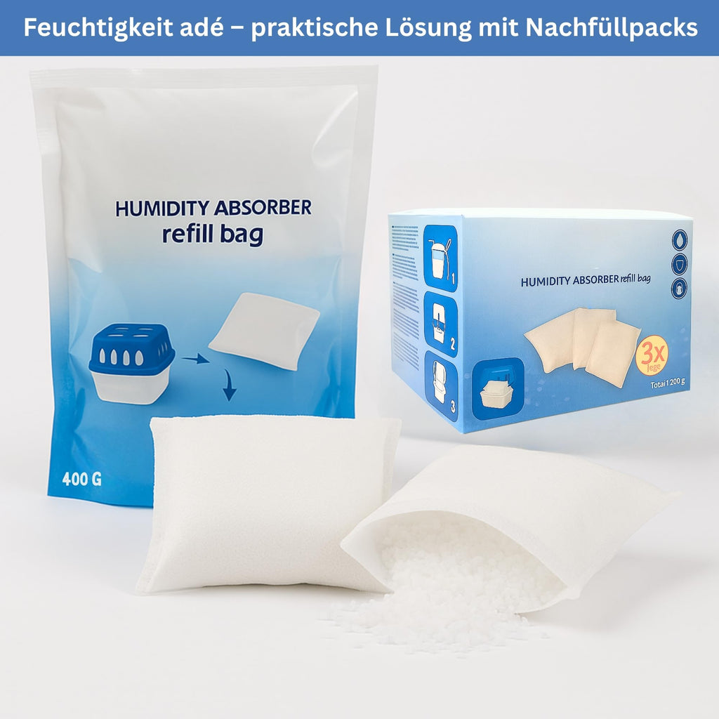 Luftentfeuchter Nachfüllpack 24 x 400g Entfeuchter Granulat für Raumentfeuchter und Luftentfeuchter Box Nachfüllpacks gegen Feuchtigkeit & Gerüche für Bad, Keller, Wohnmobil & HLKauf-Block