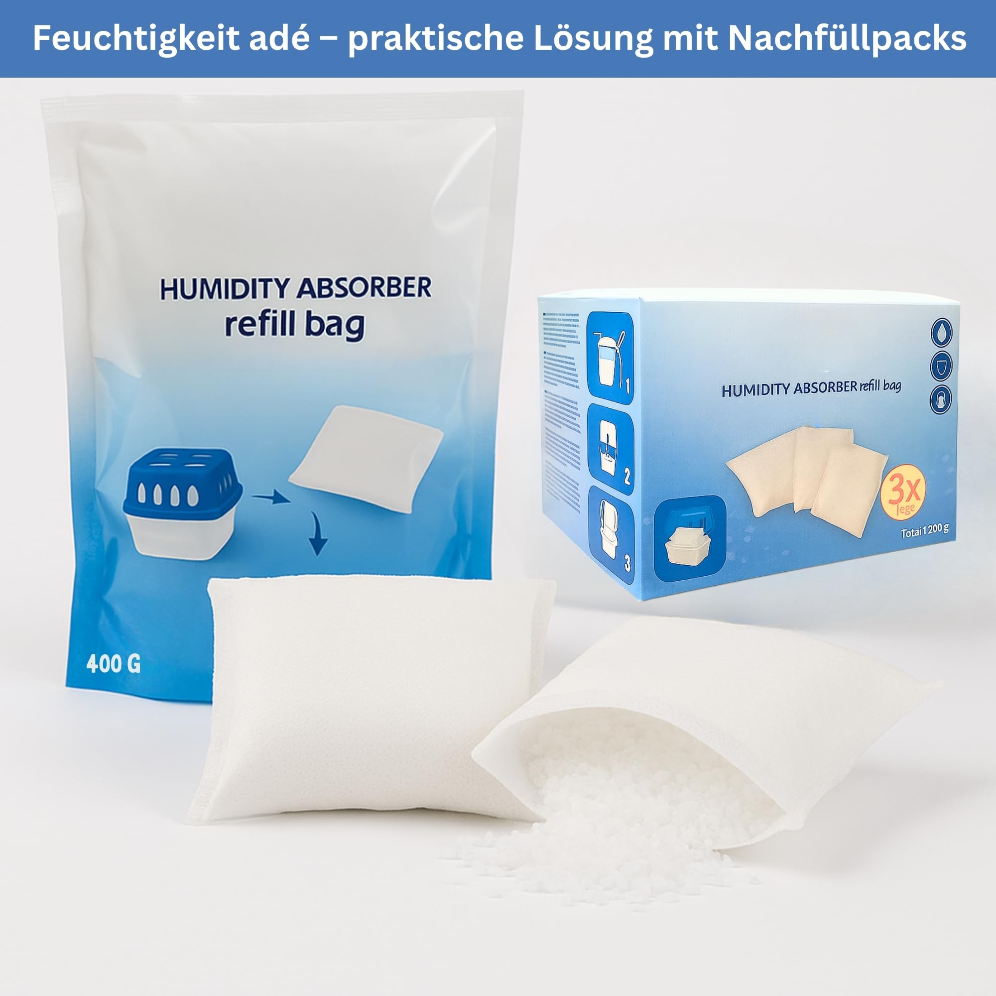 Luftentfeuchter Nachfüllpack 24 x 400g Entfeuchter Granulat für Raumentfeuchter und Luftentfeuchter Box Nachfüllpacks gegen Feuchtigkeit & Gerüche für Bad, Keller, Wohnmobil & HLKauf-Block