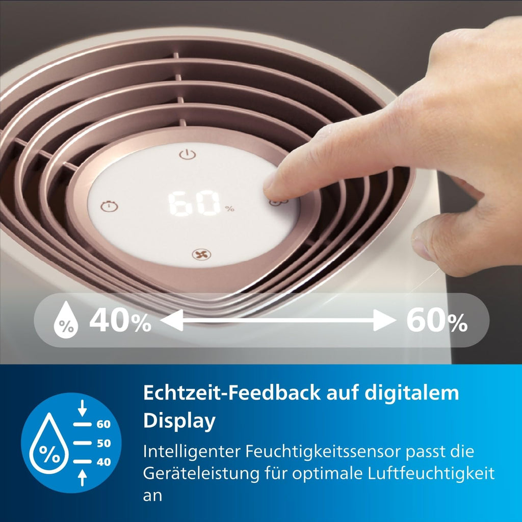 PHILIPS Luftbefeuchter 3000 Serie, für 45 m², NanoCloud, 99,97% weniger Bakterien, 300 ml/h, 3 Stufen, Schlafmodus, Ultraleise (33 dB), Feuchtigkeitssensor, Timer, 3L Tank, Weiß (HU3916/10)