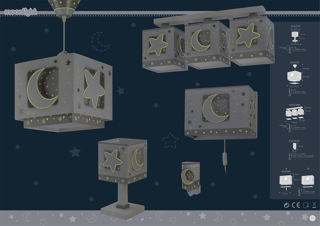 Dalber Lampe kinderzimmer, kinderlampe Pendelleuchte Hängelampe, Deckenleuchte Kinder, Deckenlampe kinderzimmer, Mond und Sterne Grau MoonLight, 63232E, E27