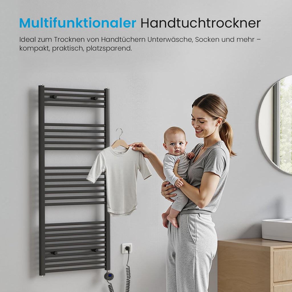 Heilmetz Badheizkörper Elektrisch 70x60cm Badheizkörper Elektrisch mit Thermostat+Timer-Funktion Gerade Handtuchheizkörper Anthrazit 330W