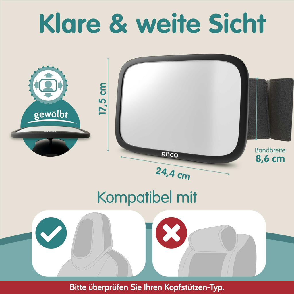 Onco Baby Autospiegel für feste Kopfstützen - Tesla-kompatibler Autospiegel Baby Rücksitz, 100% Bruchsicherer & Rutschfester Spiegel Auto Rückbank, 360°-Schwenkbarer Spiegel Auto