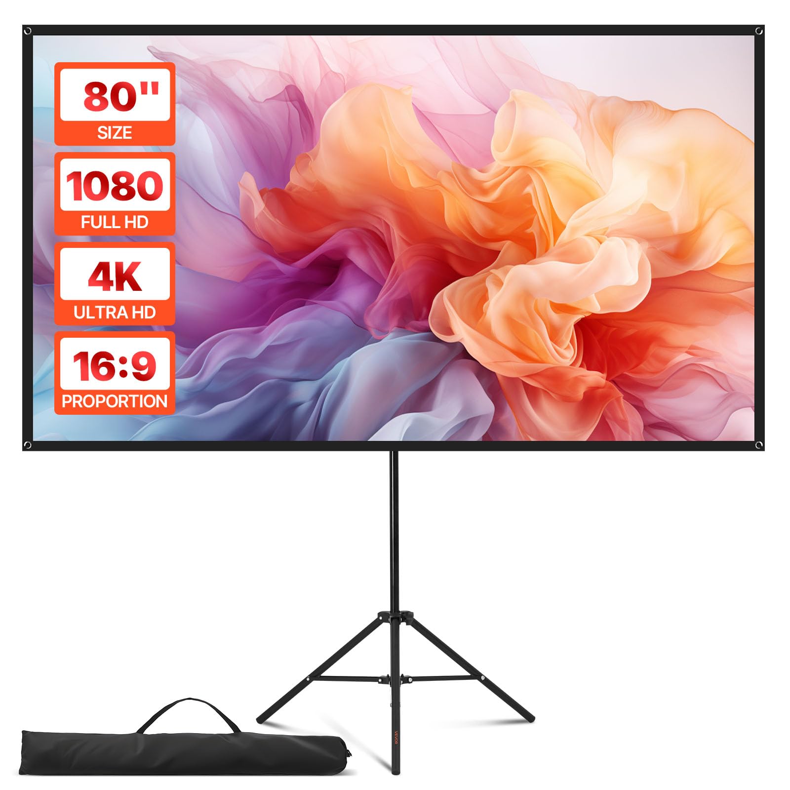 VEVOR Projektionsleinwand Stativleinwand (80 Zoll) mit 160° Weitwinkel, Beamerleinwand für Projektor innen & außen 16:9 4K HD, tragbare Filmleinwand mit Tragetasche für Heimkino Präsentation