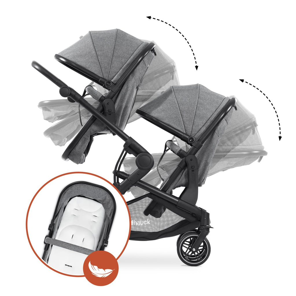 hauck Atlantic Twin, Melange Grey - Zwillingskinderwagen ab Geburt bis 15 kg je Kind - 2 Babywannen Umbaubar zu Drehbare Sportsitze mit Liegeposition - Faltbar - Höhenverstellbar - Gummi Räder