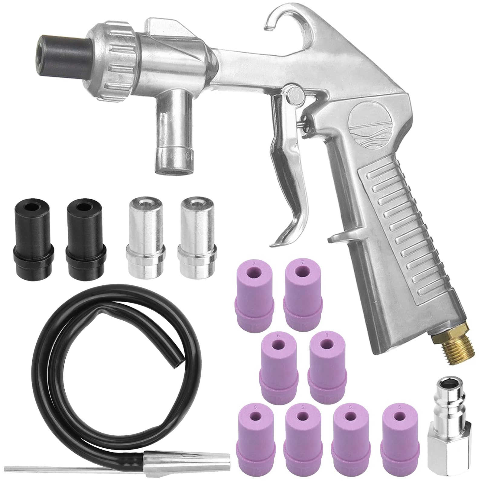 EUMAYES Sandstrahlpistole Set Druckluft, Sandstrahlen Pistole Kit mit 1m Gummischlauch mit Düsen Verschiedener Kaliber ein Luftanschlussnippel für Sandstrahlen