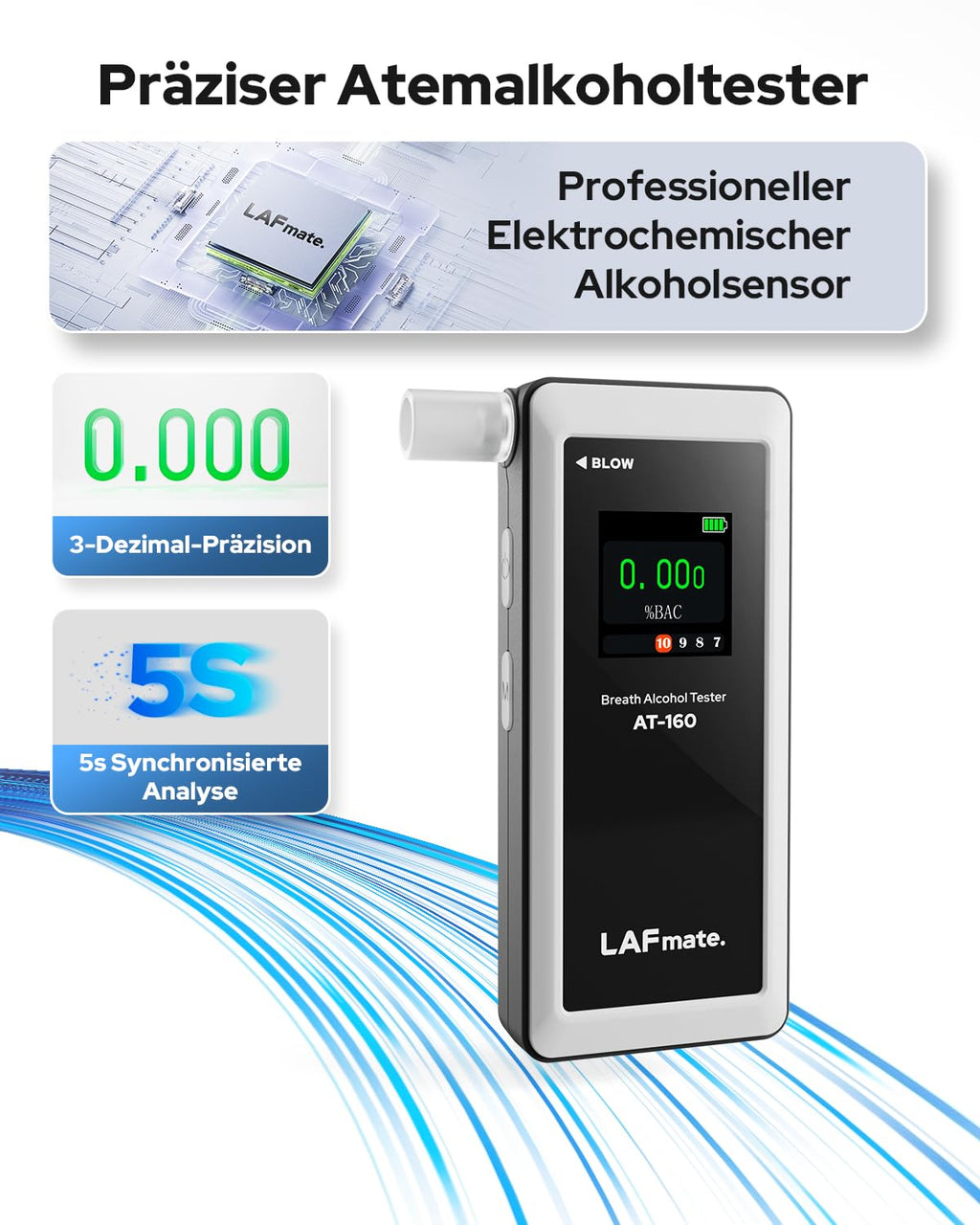 LAFMATE AT-160 Alkoholtester, hochpräziser Promilletester mit Alarmschwelleneinstellung, Breathalyzer mit digitaler LCD-Anzeige, Speicherfunktion, Typ-C-Laden, 10 Mundstücke für Heimgebrauch