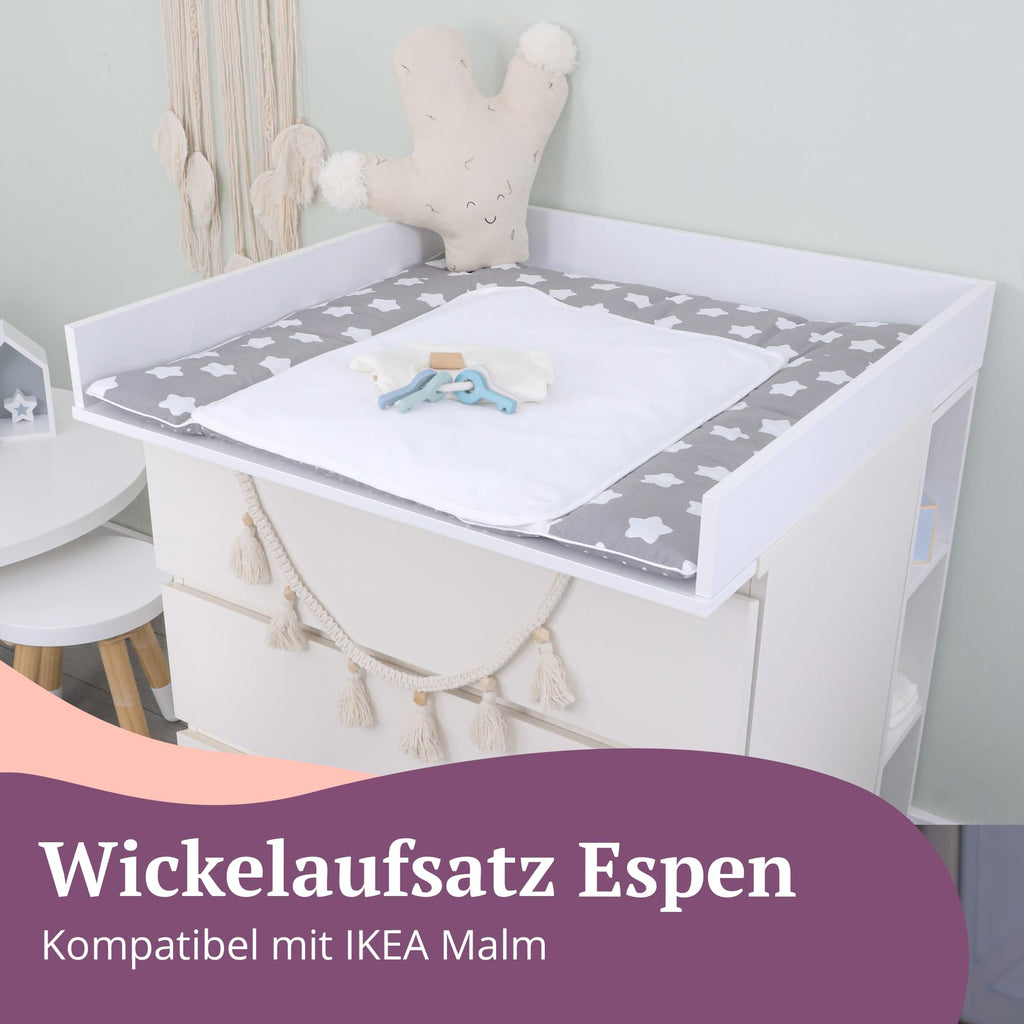 Puckdaddy® Espen | Wickelaufsatz passend für IKEA Malm Kommode u.Ä. | 80x78x10 cm | Wickelauflage aus weißem MDF-Holz | Premium Wickeltischaufsatz inkl. Montagematerial zur Wandmontage