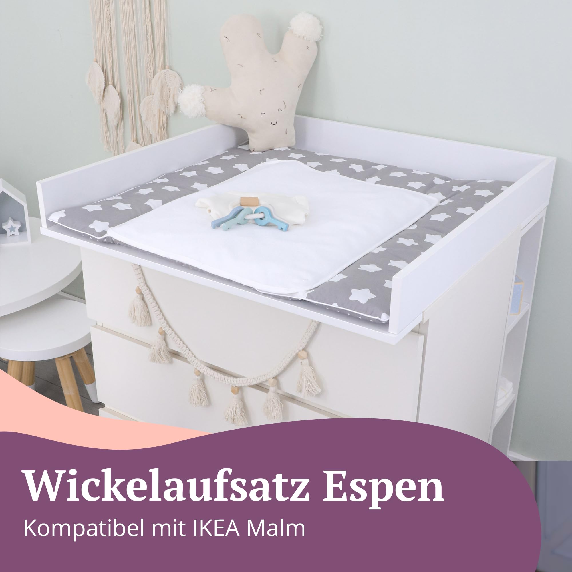 Puckdaddy® Espen | Wickelaufsatz passend für IKEA Malm Kommode u.Ä. | 80x78x10 cm | Wickelauflage aus weißem MDF-Holz | Premium Wickeltischaufsatz inkl. Montagematerial zur Wandmontage