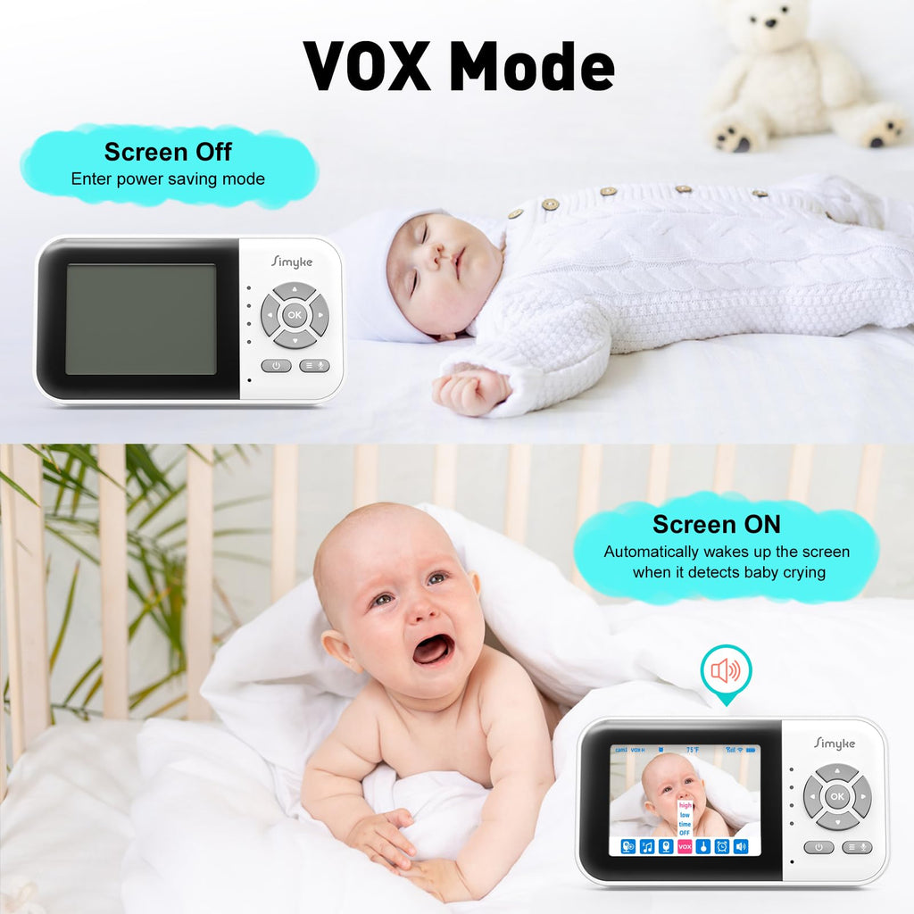 Simyke Baby Video Monitor, WiFi Baby Kamera, 2,8 Zoll Display und App-Steuerung, 1000 Fuß Lange Reichweite, 2-Wege-Gespräch, automatische Nachtsicht, Alarm