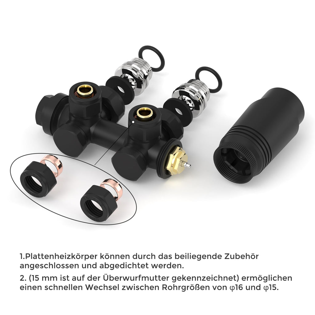 VANCOCO Multiblock mit Thermostat für Heizkörper 50mm Nabenabstand, Hahnblock, Ventil-Armaturen Set in Eck- und Durchgangsform mit Eurokonus für Ø16×2 mm Kunststoff- und Ø15mm Kupferrohre (Schwarz)