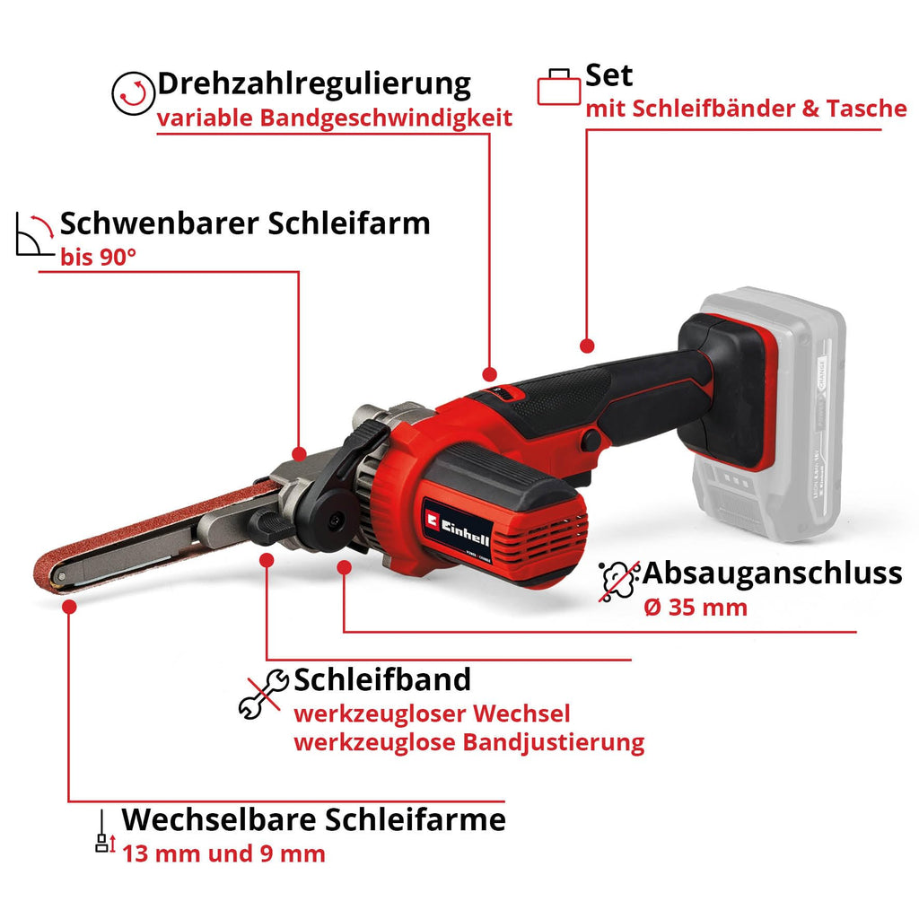 Einhell Akku-Bandfeile TE-BF 18 Li-Solo Power X-Change (18 V, Geschwindigkeit bis 1.700 m/min, 2x Schleifarme 9 mm und 13 mm, inkl. 12x Schleifbänder, ohne Akku)