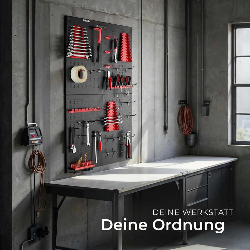 tectake® Werkzeug Lochwand aus Metall, 160 x 60 x 2 cm, Werkzeugwand Lochplatte, inkl. Werkzeughalter Set Haken und Halterungen, Wandregal Regalsystem für Werkbank, Garage, Werkstatteinrichtung - 4tlg