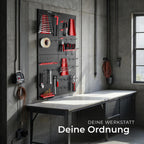 tectake® Werkzeug Lochwand aus Metall, 160 x 60 x 2 cm, Werkzeugwand Lochplatte, inkl. Werkzeughalter Set Haken und Halterungen, Wandregal Regalsystem für Werkbank, Garage, Werkstatteinrichtung - 4tlg