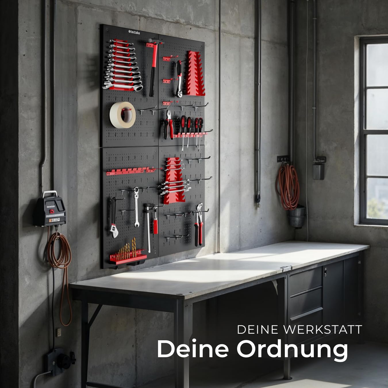 tectake® Werkzeug Lochwand aus Metall, 160 x 60 x 2 cm, Werkzeugwand Lochplatte, inkl. Werkzeughalter Set Haken und Halterungen, Wandregal Regalsystem für Werkbank, Garage, Werkstatteinrichtung - 4tlg