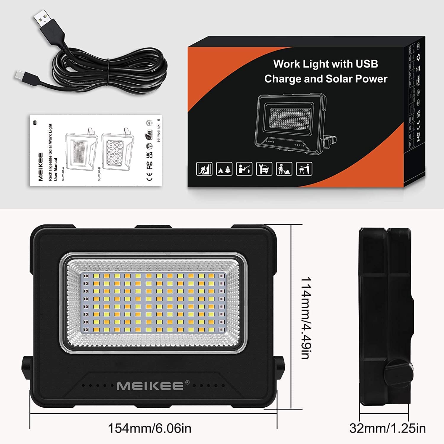 MEIKEE 80W Led Arbeitsleuchte 12000MAH LED Baustrahler Akku Strahler 4 Lichtmodi Campinglampe Tragbar 5 Helligkeiten Solar USB-Aufladung Akku Lampe für Camping, Garage, Bau, Reparatur, Notfall 2PCS