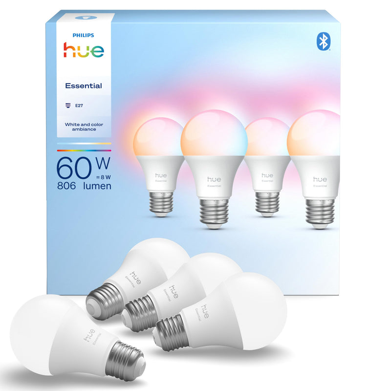 Philips Hue Essential Smart LED A60 Glühbirne,white and color, E27-Fassung, 8 W, 2200 K–6500 K, 806 lm, dimmbar, kompatibel mit Alexa, Google Assistant und Apple Home, 4er-Pack