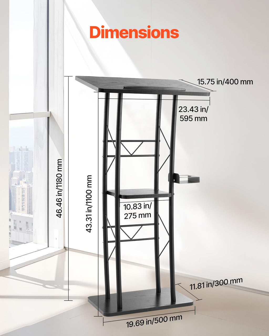 VEVOR Rednerpultständer Metall-Rednerpult (118 cm Höhe), gebogenes Stehpult mit breiter Lesefläche & offenem Ablagefach & Getränkehalter, für Klassenzimmer Hochzeiten Konferenzen Reden