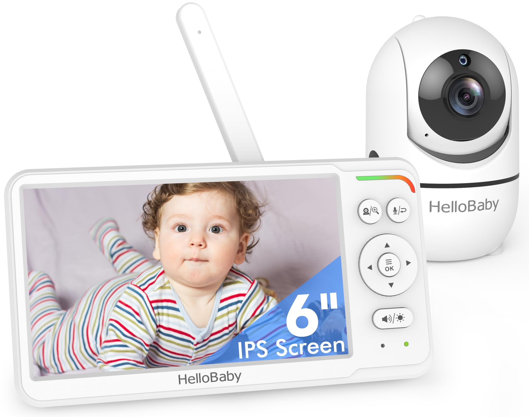 HelloBaby 6 Zoll Baby Monitor mit Kamera & Teilbild-Funktion, 4000mAh Akkulaufzeit, 355°/120° Schwenk & Neige, Nachtsicht, Kein WLAN, Temperaturalarm & Schlaflieder, ECO, Kein WLAN