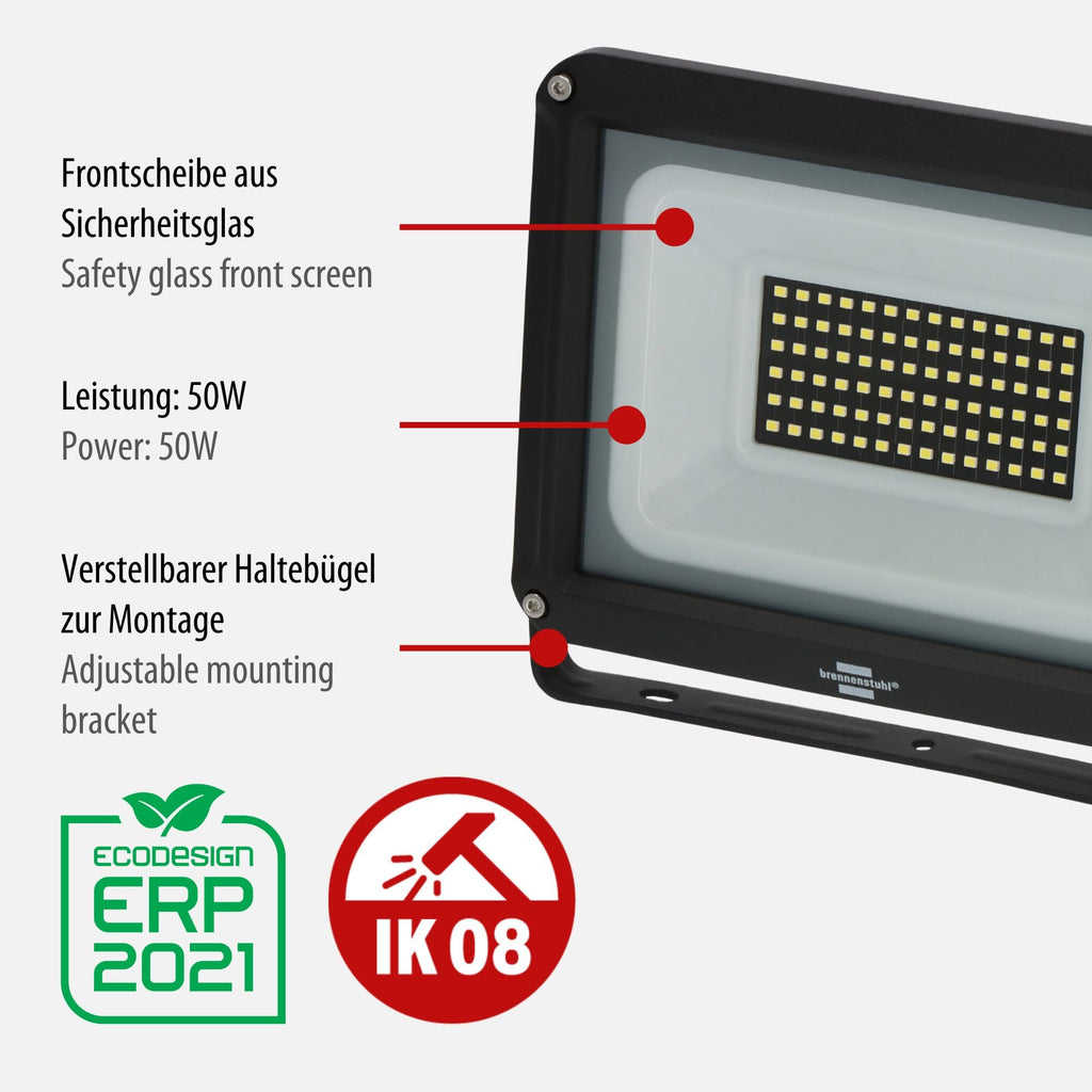 Brennenstuhl LED Strahler JARO 7060 / Leuchte 50W für außen (Außenstrahler zur Wandmontage, Fluter 5800lm aus Aluminium, IP65)
