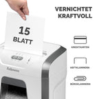 Fellowes Aktenvernichter für das Büro zu Hause - 15 Blatt Querschnitt Aktenvernichter für den Schreibtisch - Powershred 15C Home Shredder mit 19L Auszugsbehälter - Hochsicherheitsstufe-P4 - Weiß