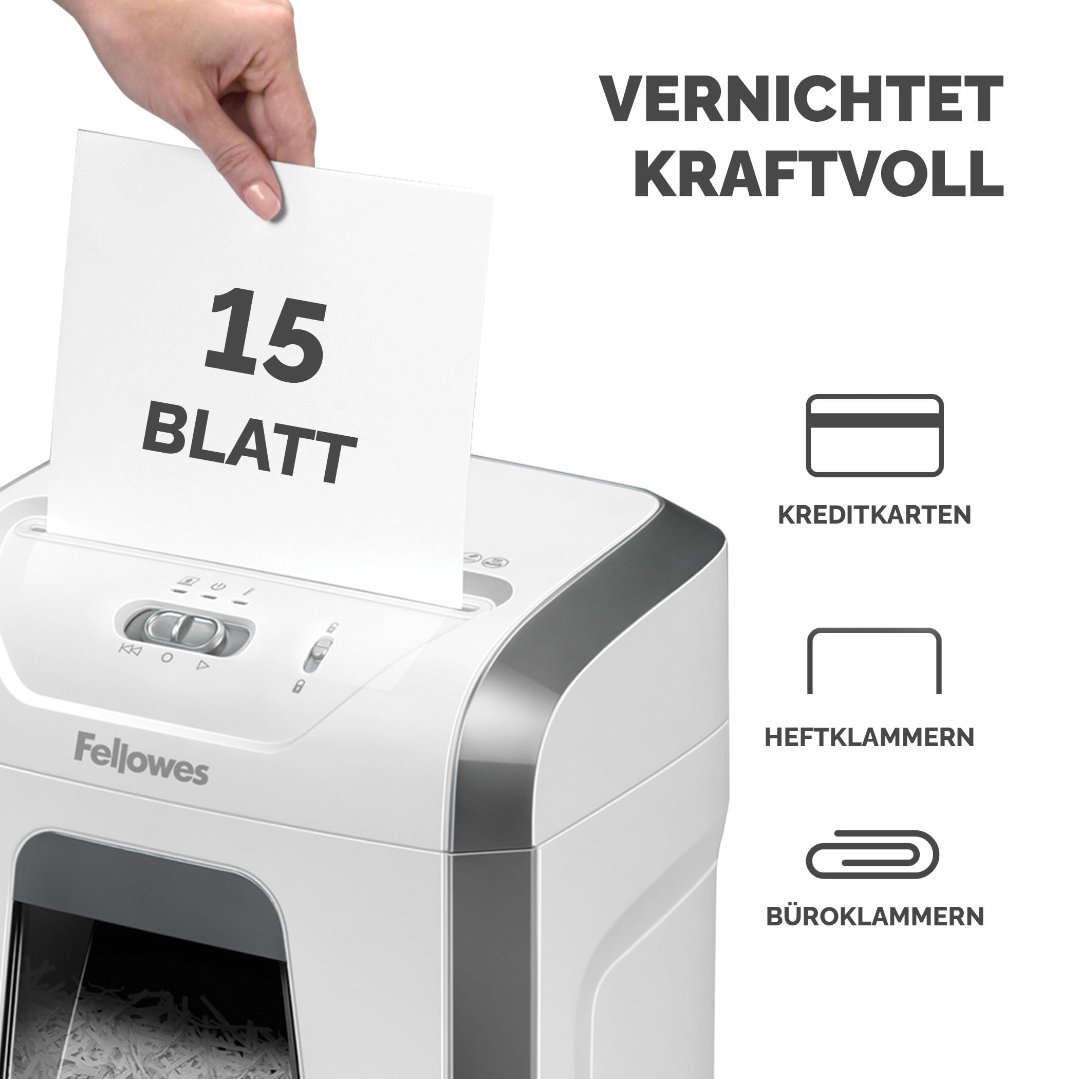 Fellowes Aktenvernichter für das Büro zu Hause - 15 Blatt Querschnitt Aktenvernichter für den Schreibtisch - Powershred 15C Home Shredder mit 19L Auszugsbehälter - Hochsicherheitsstufe-P4 - Weiß