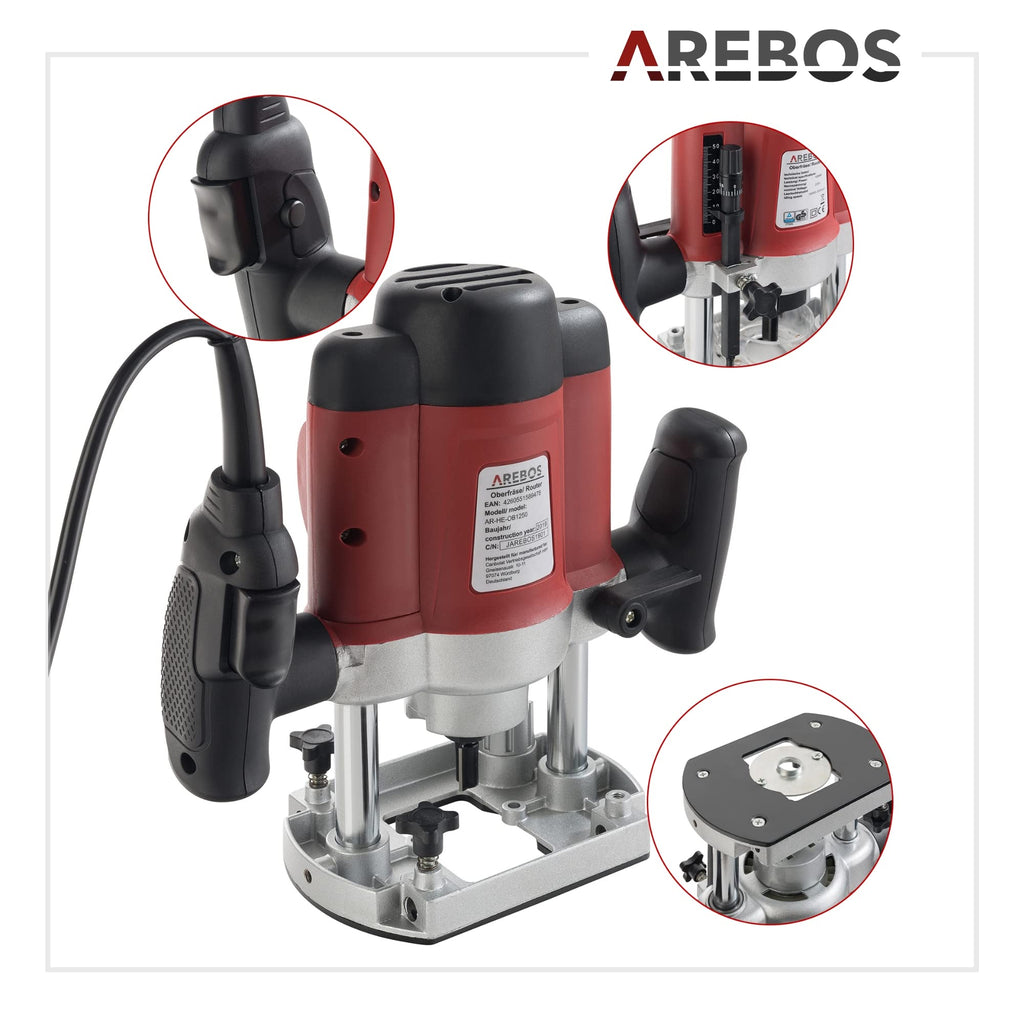 Arebos Oberfräse mit Koffer (1200 W, Ø 6 und 8 mm, Drehzahlregelung, Parallelanschlag, Reduzierstück, Kopierhülse, Absaugadapter, inkl. Zubehör) inkl. Fräser Set 12-teilig