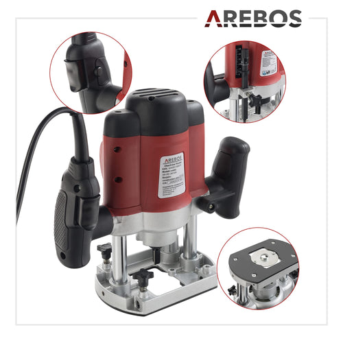 Arebos Oberfräse mit Koffer (1200 W, Ø 6 und 8 mm, Drehzahlregelung, Parallelanschlag, Reduzierstück, Kopierhülse, Absaugadapter, inkl. Zubehör) inkl. Fräser Set 12-teilig