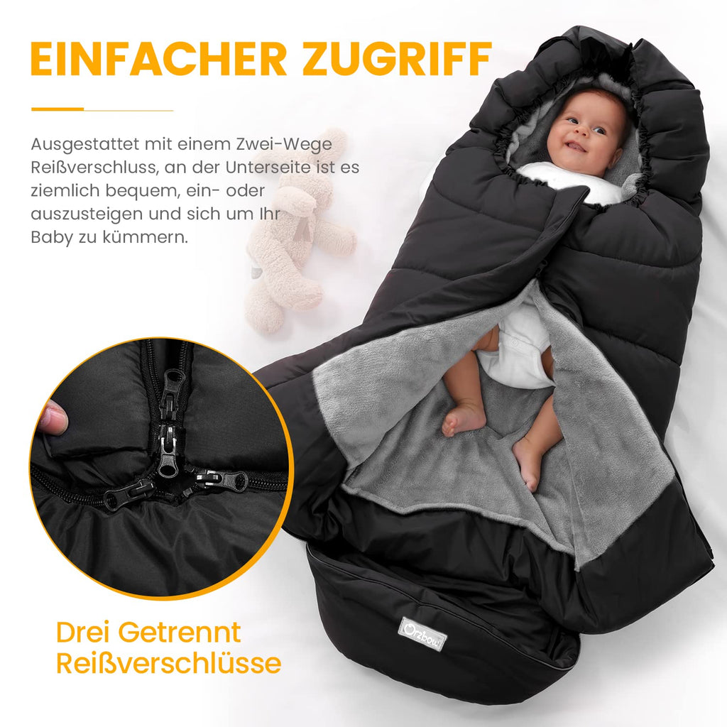 Orzbow Fußsack Kinderwagen Winter, Fußsack Buggy Fusssack Kinderwagen Baby Winter mit Wamres Korallen-Fleece, Reißverschluss, Anti-Rutschschutz & Reflektorstreifen, Universelle & Wasserdicht, Schwarz
