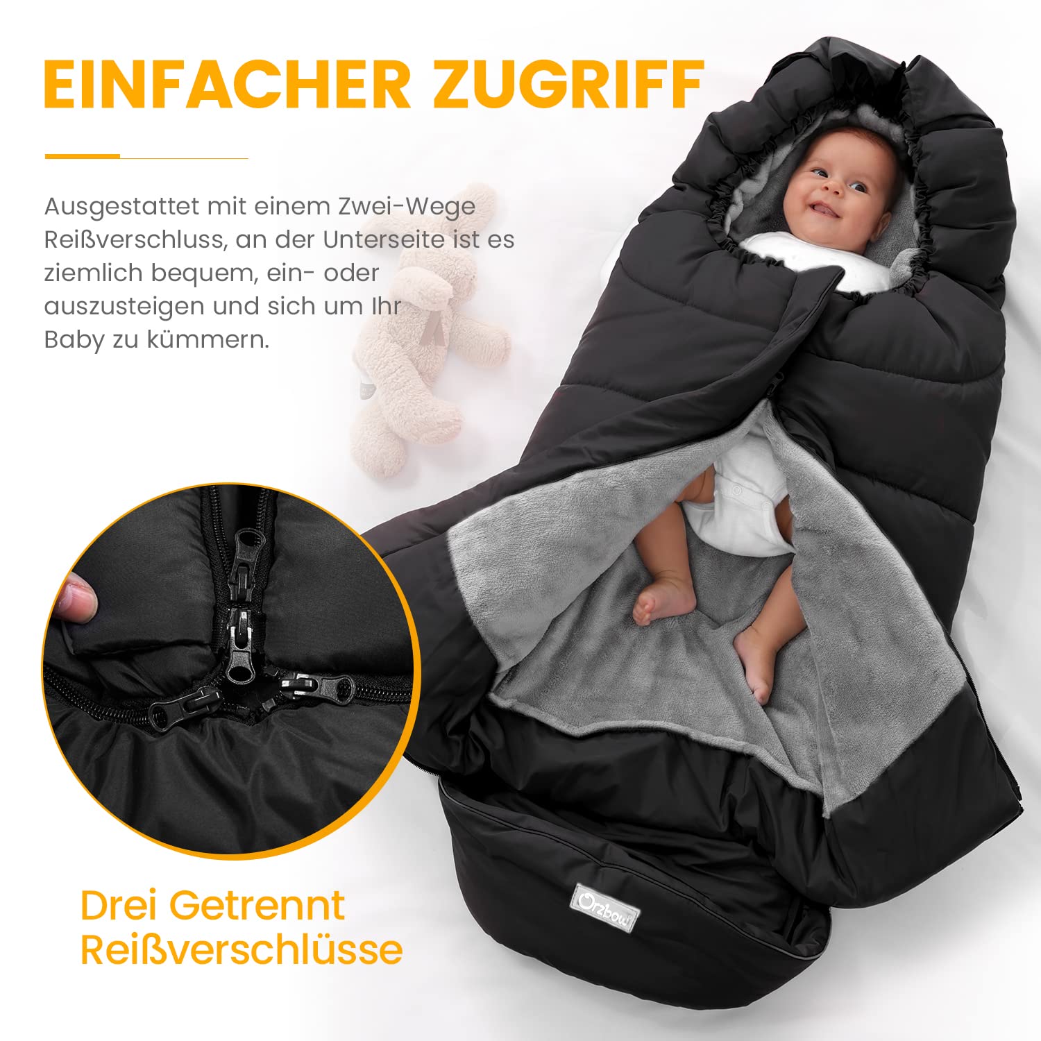 Orzbow Fußsack Kinderwagen Winter, Fußsack Buggy Fusssack Kinderwagen Baby Winter mit Wamres Korallen-Fleece, Reißverschluss, Anti-Rutschschutz & Reflektorstreifen, Universelle & Wasserdicht, Schwarz
