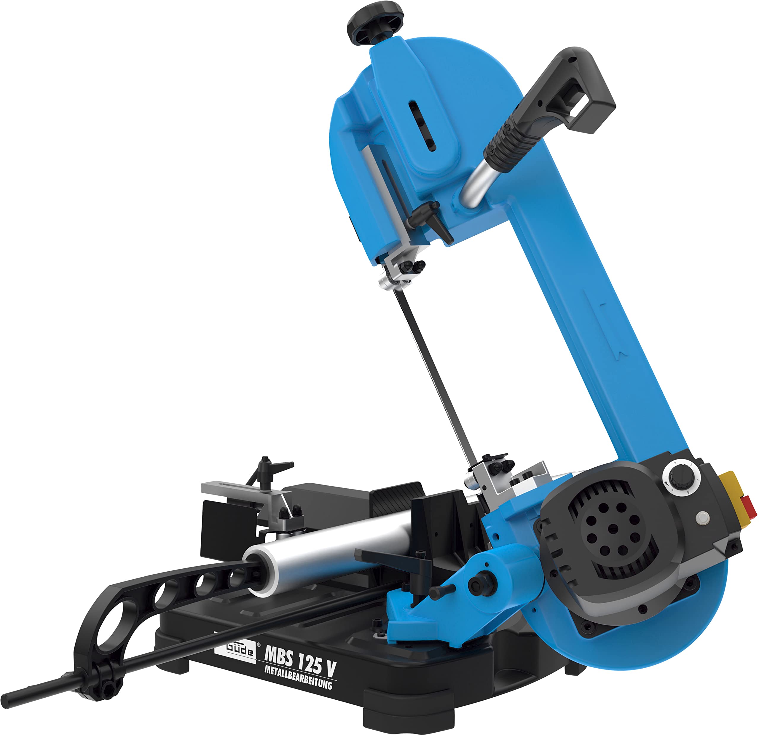 Güde Metallbandsäge MBS 125 V (400 W, variable Bandgeschwindigkeit 38-80 m/min, Winkelschnitte 0-60°, Schnittleistung max. 125 mm, 2000-4200 1/min, Materialanschlag, Schraubstock, Sägeband 1435 mm)