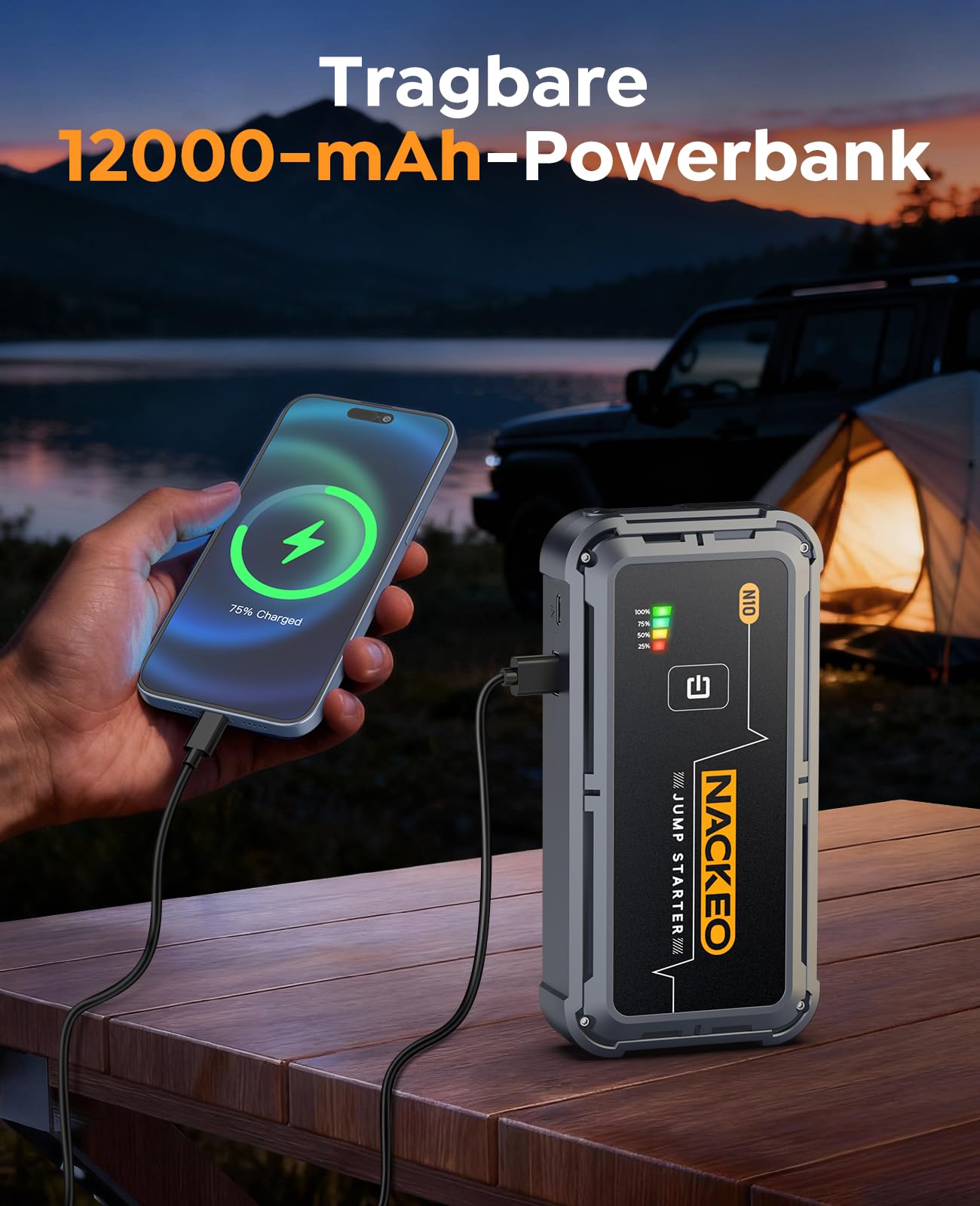 StarthilfePowerbank 5000A Leistungsstarke LEDBeleuchtung Für PKW Motorrad SUV Rasenmäher