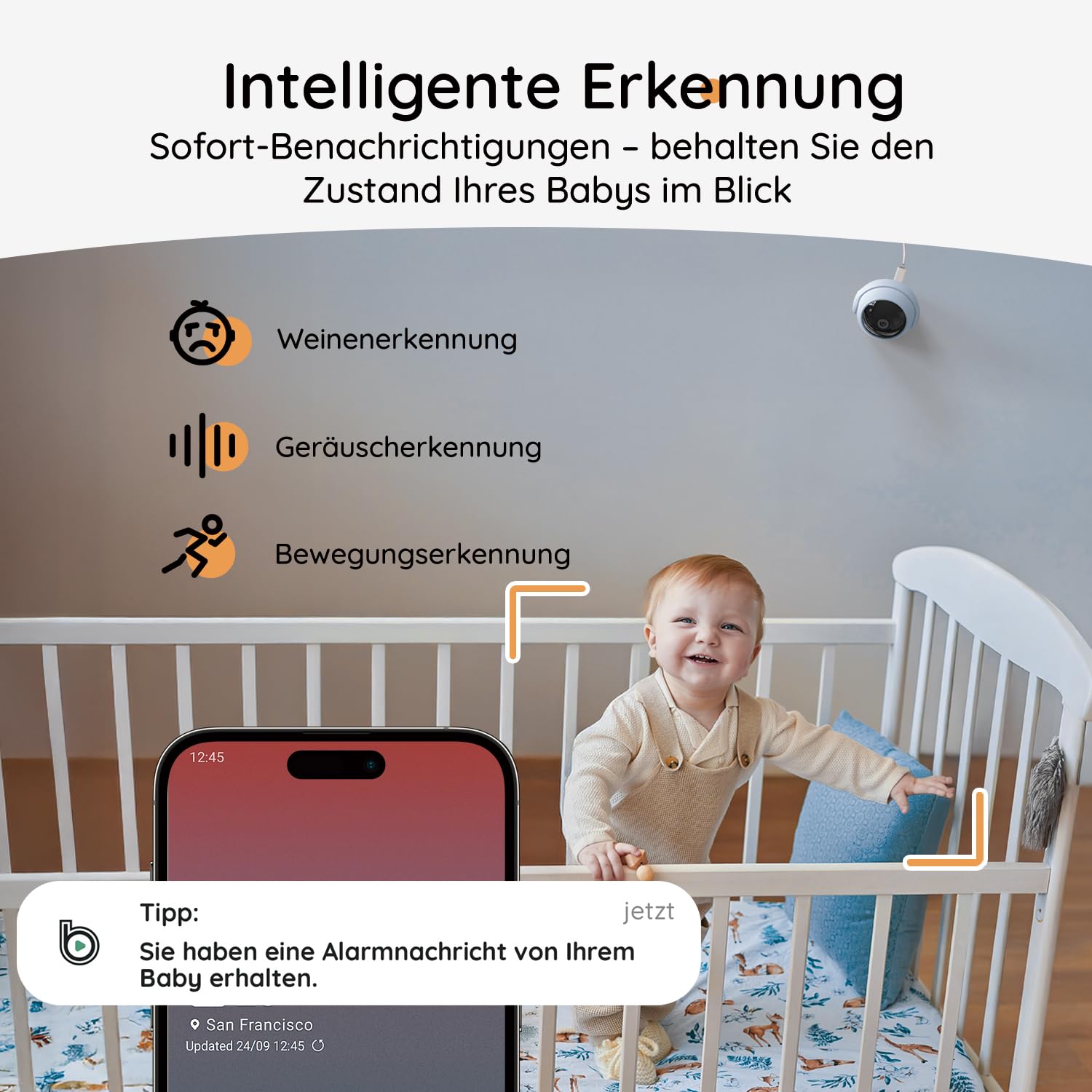 Boifun Babyphone mit Kamera & 2K/3MP APP Steuerung, 5" WLAN Video Babyfone, 360 Grad IR-HDR Nachtsicht, Weinen-/Bewegungs-/Geräusch-/Temperaturüberwachung, Automatische Verfolgung, 3000mAh Akku