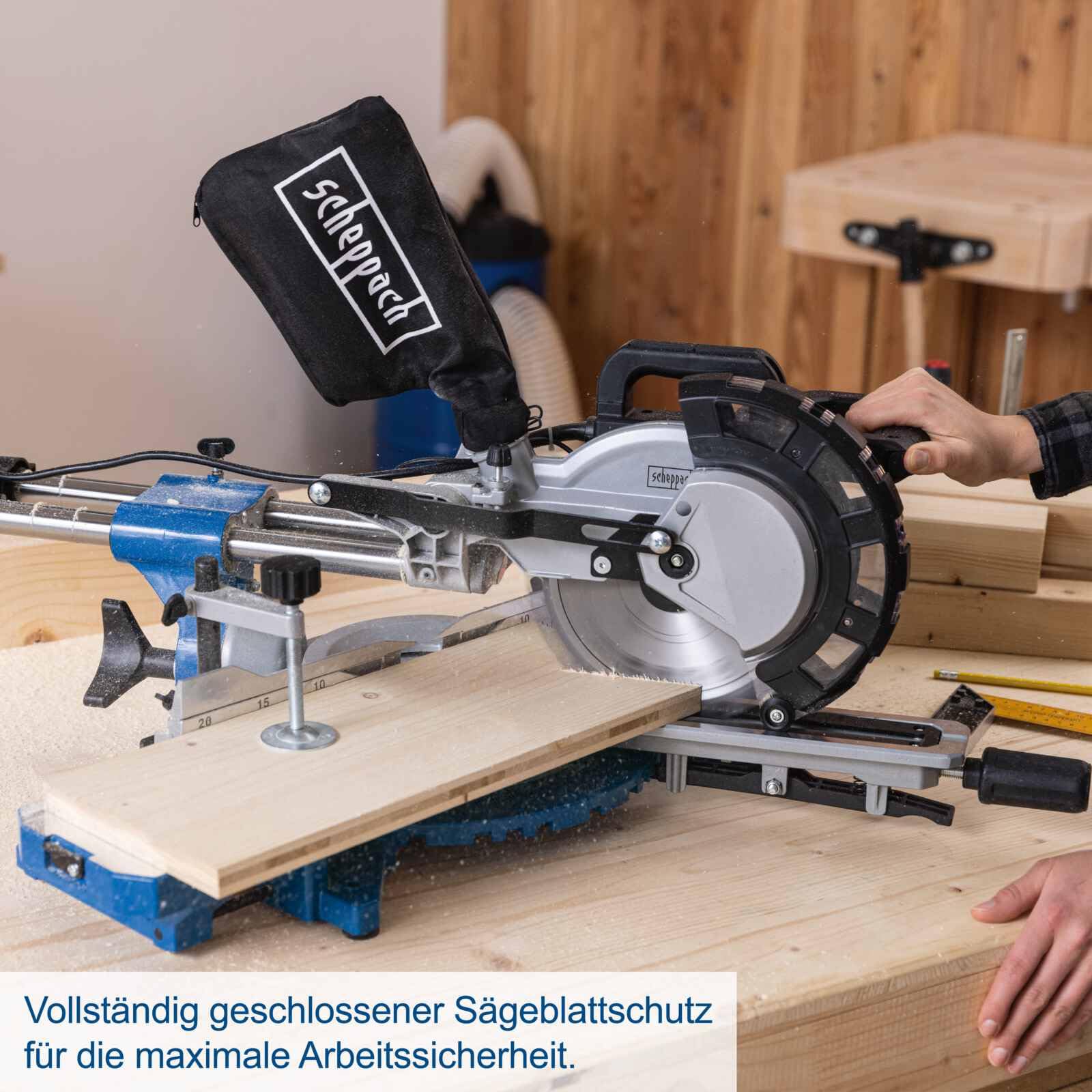 Scheppach Kappzugsäge HM216 Kappsäge Gehrungssäge mit Laser | Sägeblatt Ø 216mm | 2000W Leistung | Drehtisch mit Schnellarretierung | inkl. 2 Sägeblatt (HM216)
