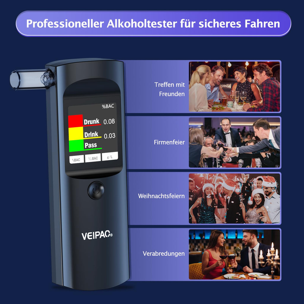 Alkoholtester Polizeigenau Alkoholtest Promillemessgerät: Tragbarer Alcohol Tester Promilletester mit 11 Mundstücken - Digitaler Alkotester Hohe Genauigkeit für Persönlichen Gebrauch Sensor - Schwarz