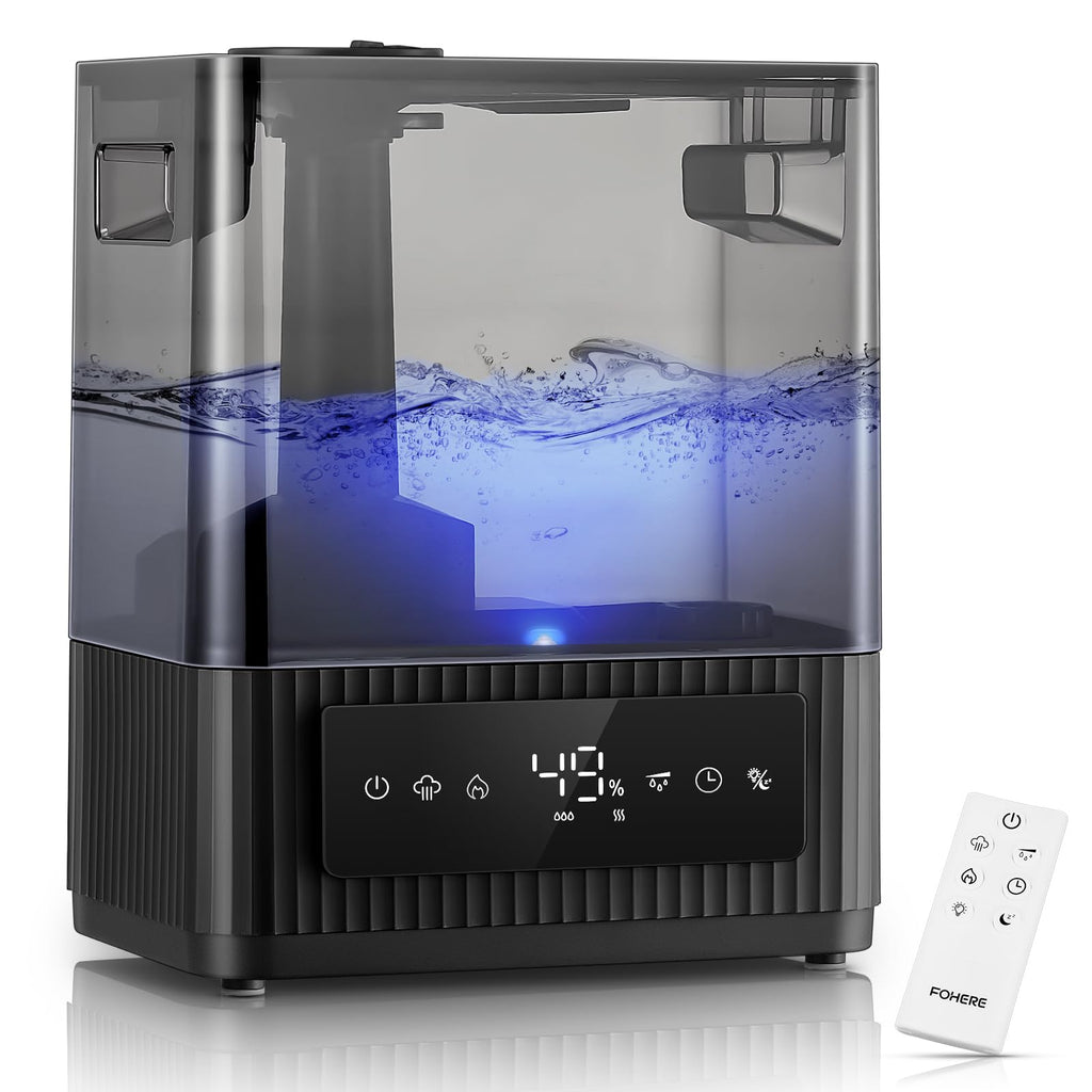 FOHERE Luftbefeuchter fürs Schlafzimmer, 6L Leiser Luftbefeuchter mit warmem und kühlem Nebel, 60H Laufzeit, Öldiffusor, Schlafmodus, 12H-Timer, Licht für heim Kinderzimmer Pflanzen Baby Kind